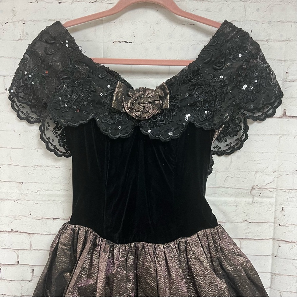 Vintage 1980’s Jessica McClintock Dress Size 6 Black Gold Velvet Metallic Full - Picture 3 of 14